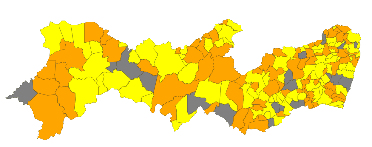Mapa de pernambuco ilustrando os municipios de acordo com as cores referente a classificação