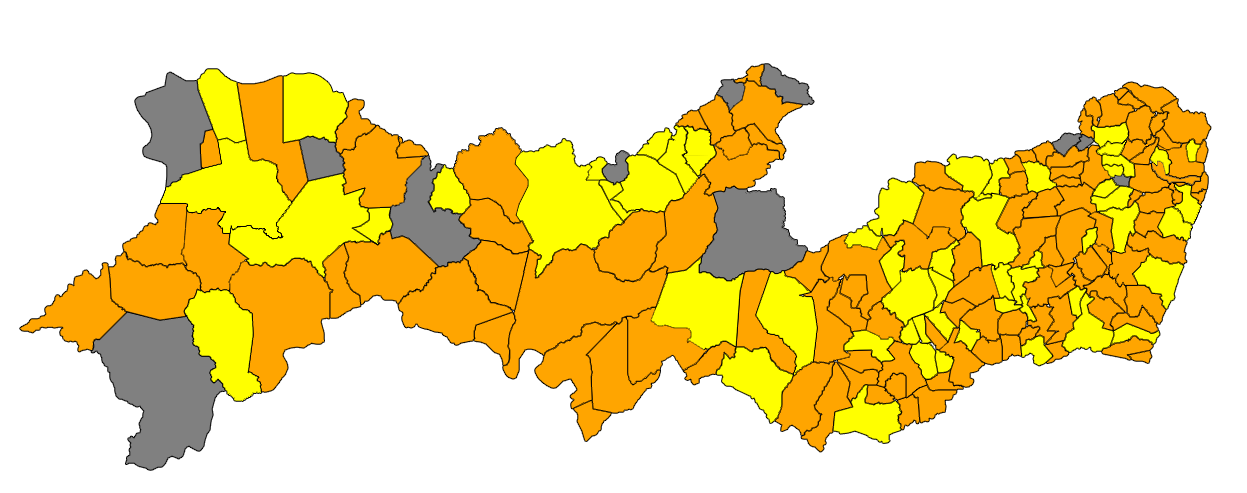 Mapa de pernambuco ilustrando os municipios de acordo com as cores referente a classificação