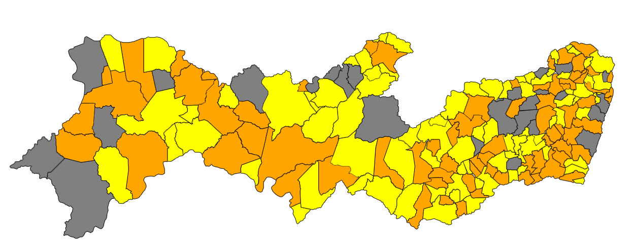 Mapa de pernambuco ilustrando os municipios de acordo com as cores referente a classificação